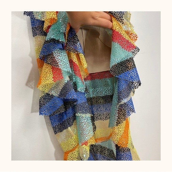 Alice + Olivia | Annabeth Sequin Embroidered Mesh Rainbow Striped Ruffle Dress - Picture 16 of 16